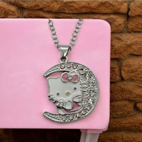 Hello Kitty Moon Rhinestone 24" Necklace Pink Bow Cat Charm Pendant Silver Chain - Picture 2 of 7